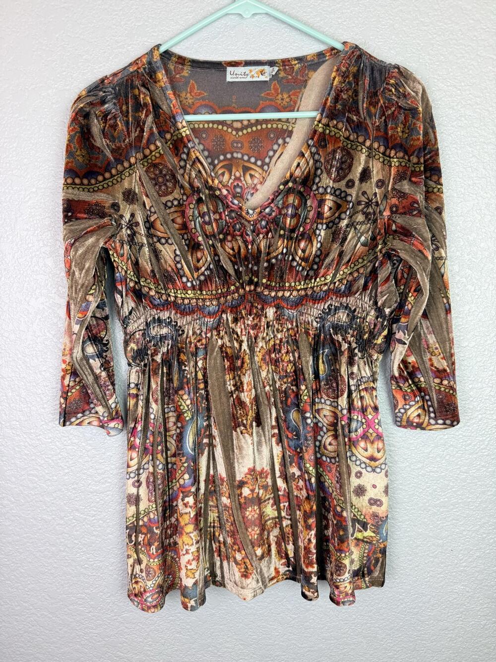 Unity World Wear Blouse Womens PL Multicolor Paisley Boho Elastic Waist Tunic